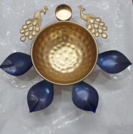 Handmade Gold & Blue Peacock Using Shapes Urli